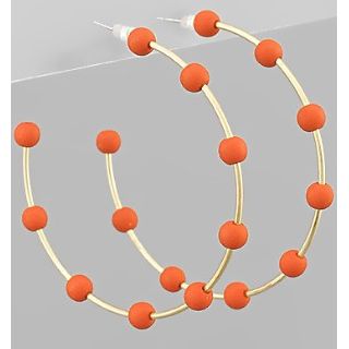 Beaded Metal Hoop Earrings - Orange