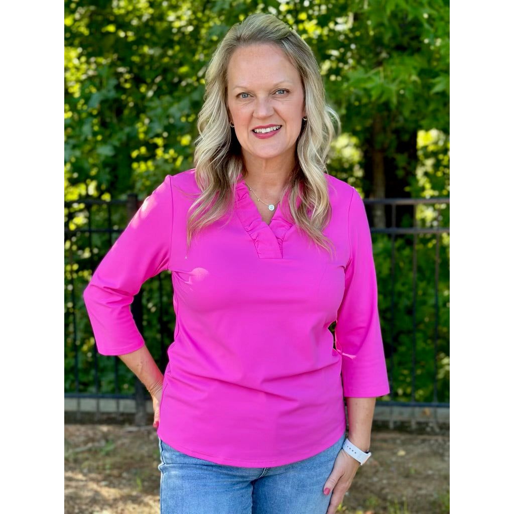 Tabatha Ruffle V Neck Top - Hot Pink