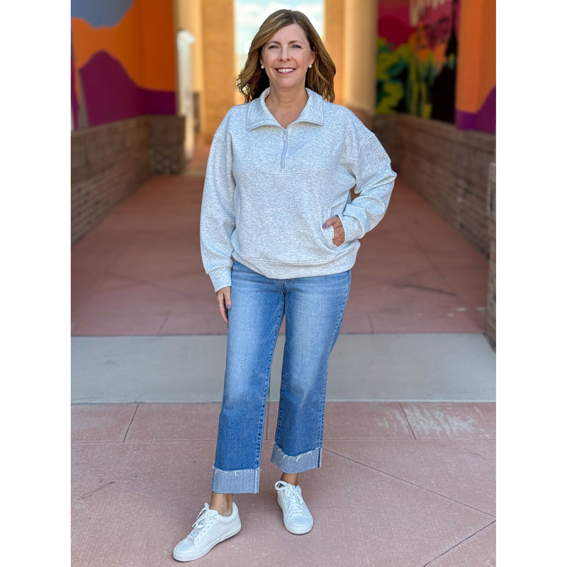 Georgina Scuba Half Zip Pullover - Light Heather Grey