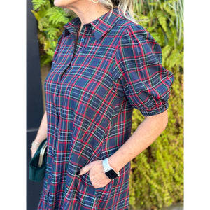 Chapman Plaid Button Down Shift Dress - Navy Multi - FINAL SALE