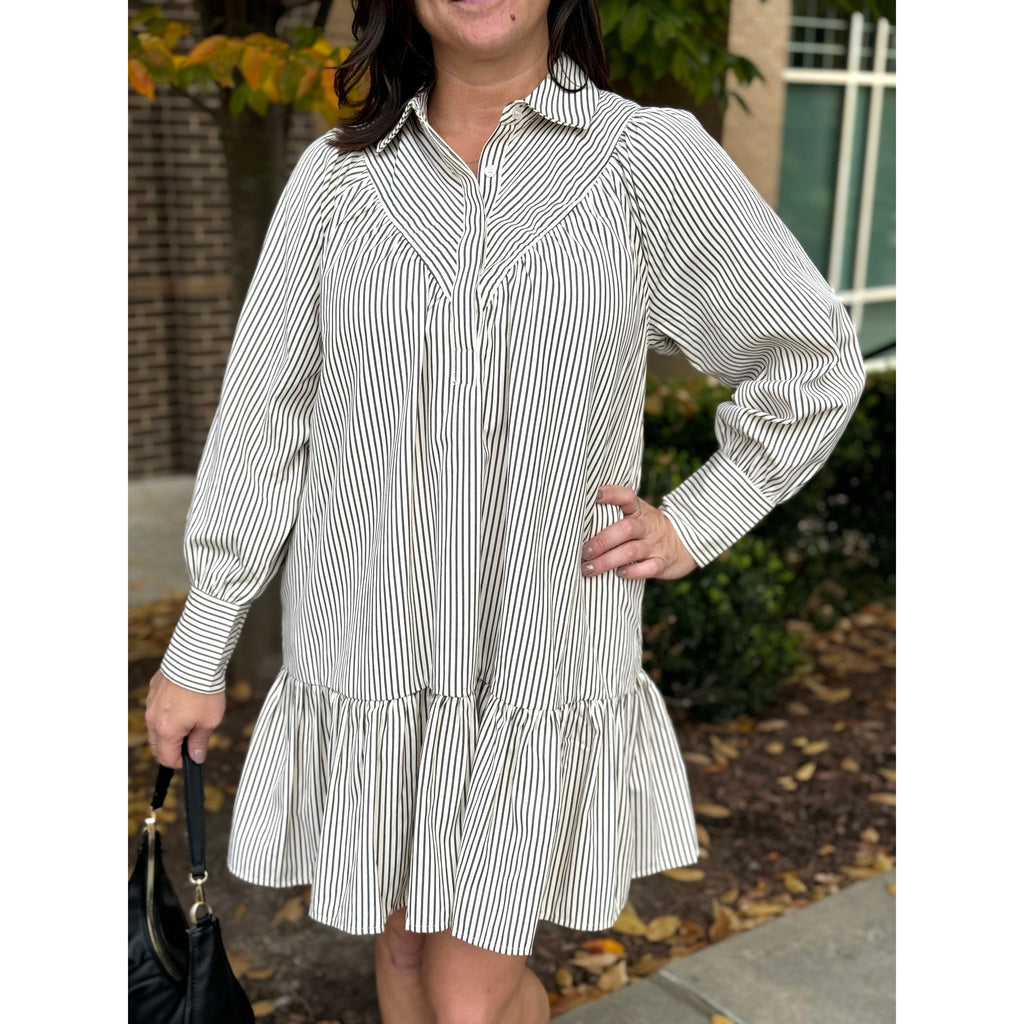 Darcy Stripe Shirt Dress - Cream/Charcoal