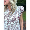 Reese Floral Print V-Neck Scalloped Sleeve Top - Burgundy