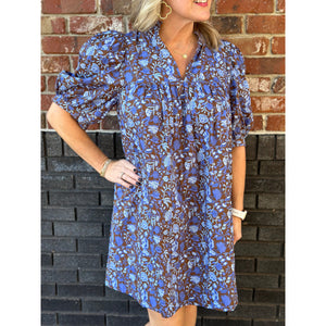 Bruceton Floral Split Neck Dress - Brown/Blue