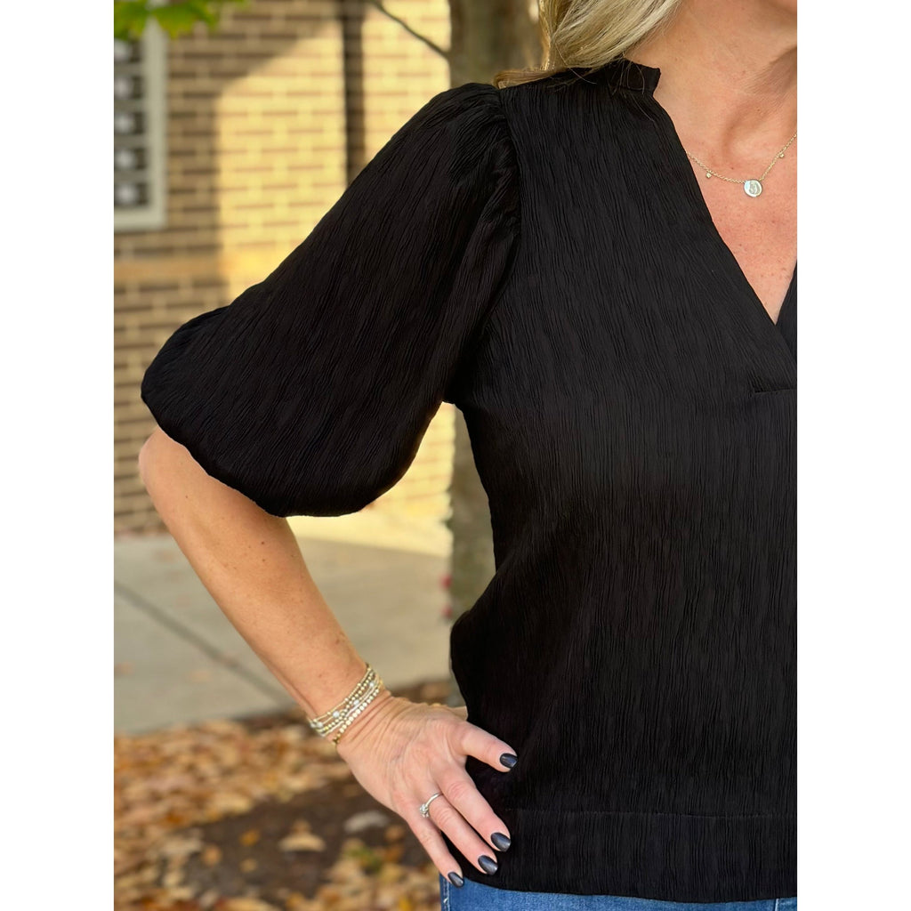 Annette Puff Sleeve Textured Top - Black