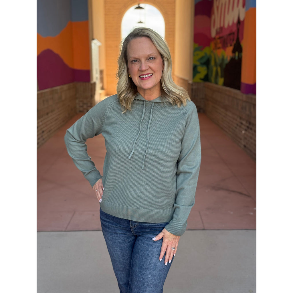 Lydia Waffle Textured Body Raglan Sleeve Hoodie - Dusty Jade