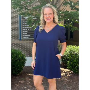 Denise Solid Side Pockets Dress - Navy