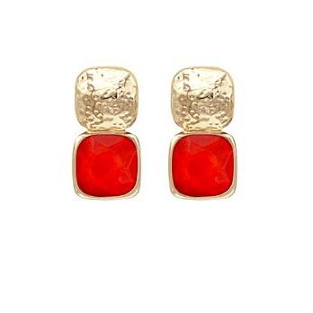 Double Square Gold and Gemstone Earrings - Red