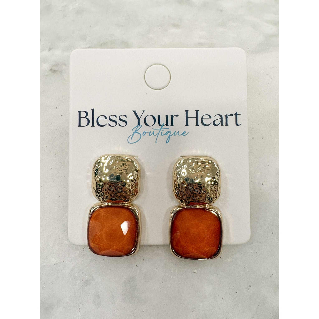 Double Square Gold and Gemstone Earrings - Dark Orange