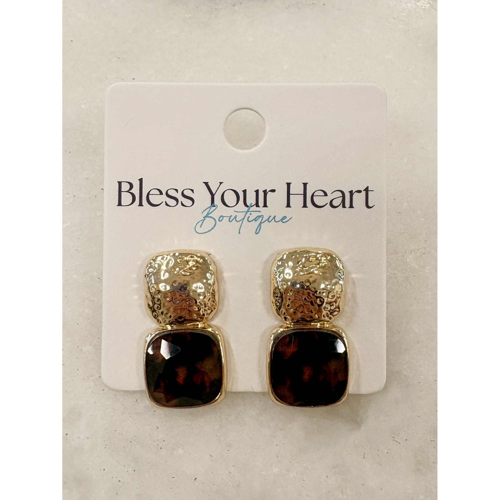 Double Square Gold and Gemstone Earrings - Tortoise