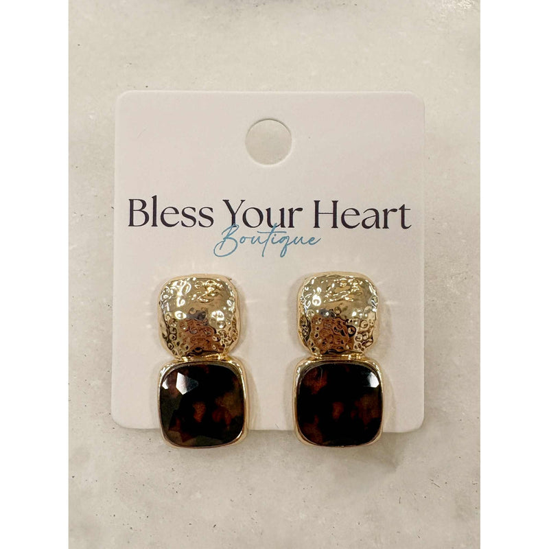 Double Square Gold and Gemstone Earrings - Tortoise