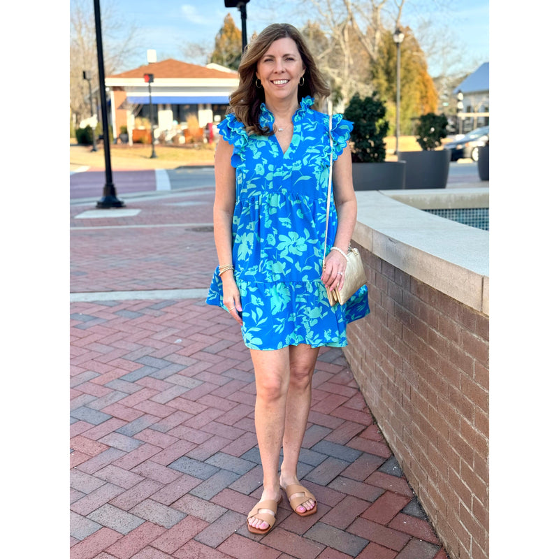 Laura Scallop Neck Floral Dress - Blue/Aqua