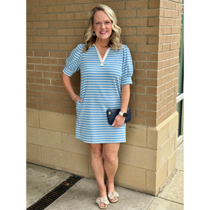 Monica Stripe Print V-Neck Puff Sleeve Mini Dress - Blue