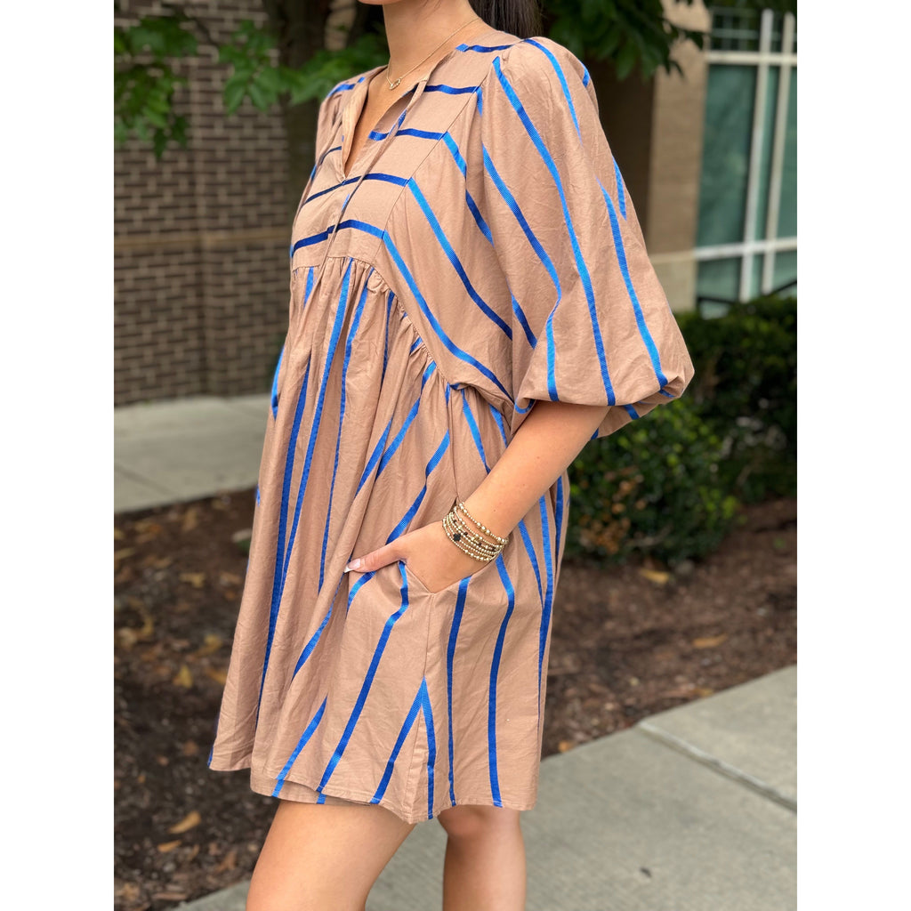 Elliot Stripe Print 3/4 Balloon Sleeve Mini Dress - Mocha/Royal Blue