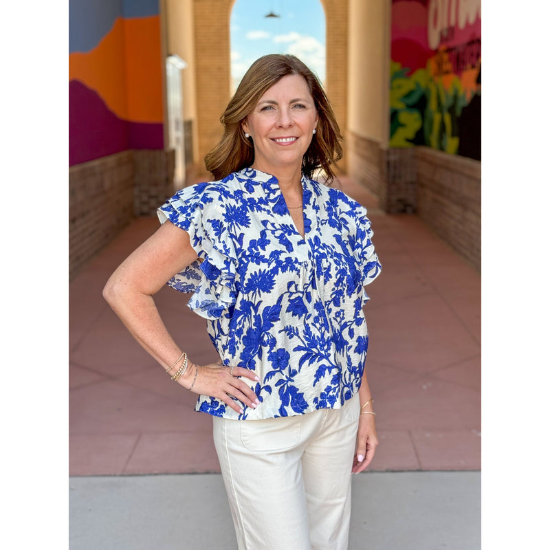 Holland Floral Ruffled Sleeve Top - Blue