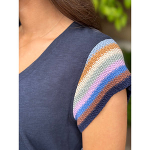 Democracy Multi Color Crochet Cap Sleeve V-Neck Knit Top - Navy