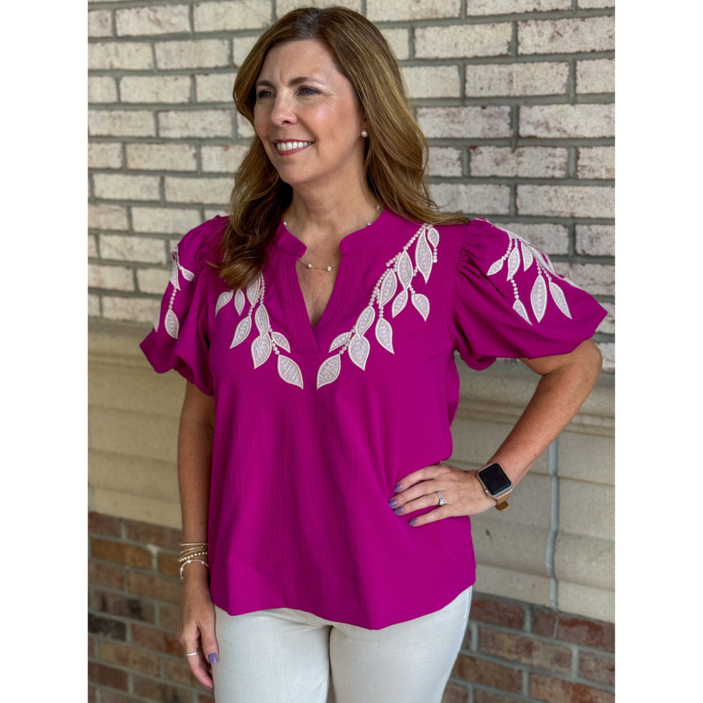Leanne Puff Sleeve Embroidered Top - Magenta