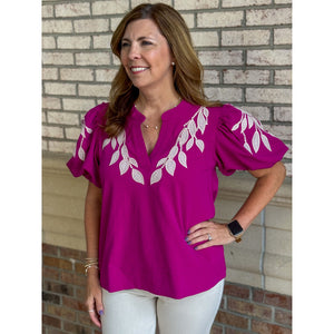 Leanne Puff Sleeve Embroidered Top - Magenta