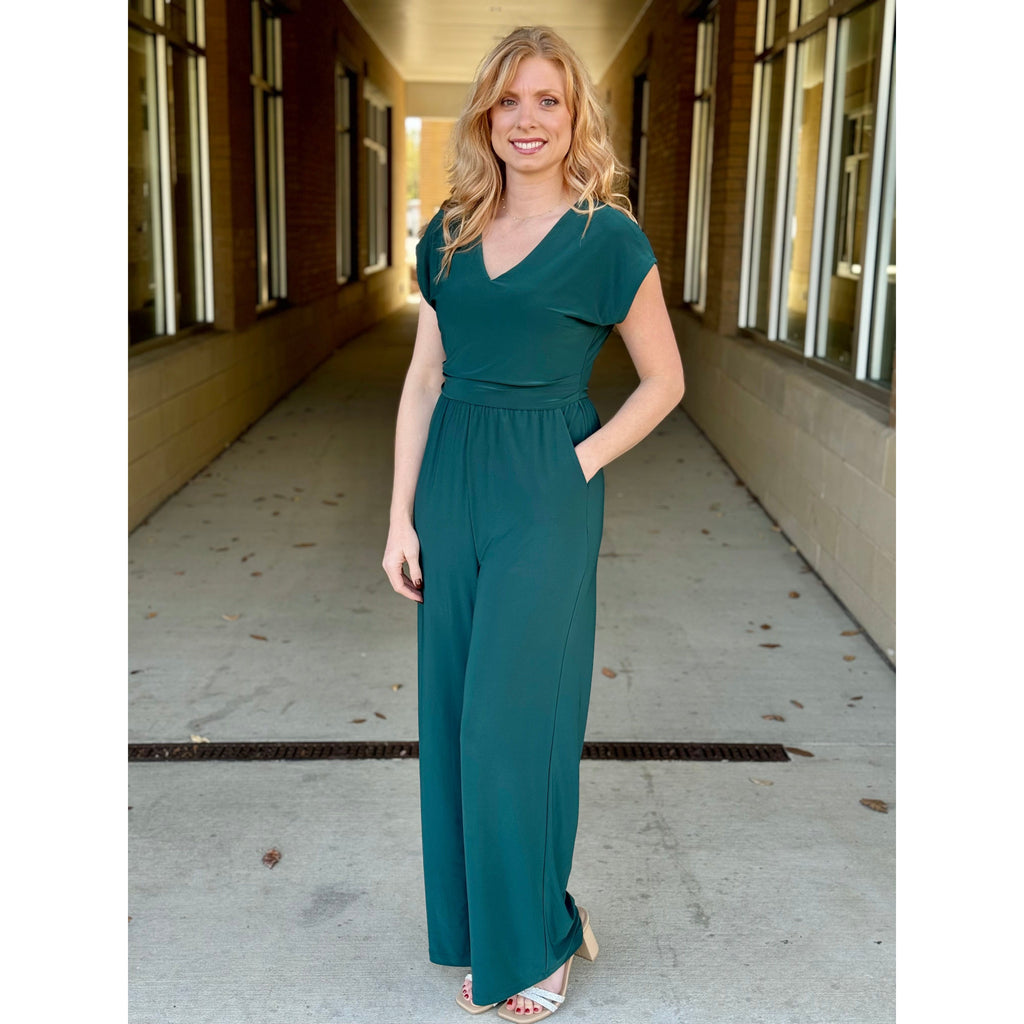 Carla Short Sleeve Wide Leg Jumpsuit - Hunter Green