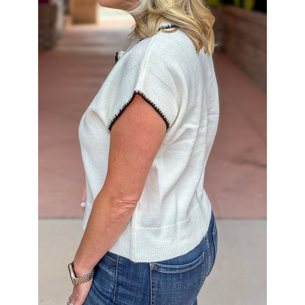 Emmie Solid Sweater Knit Top with Contrast Accent - Cream