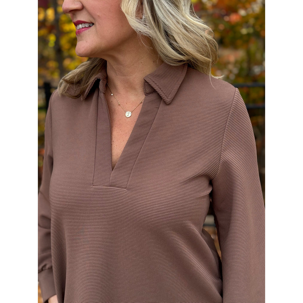 Rosalyn Ribbed Long Sleeve Collared Dress - Mocha