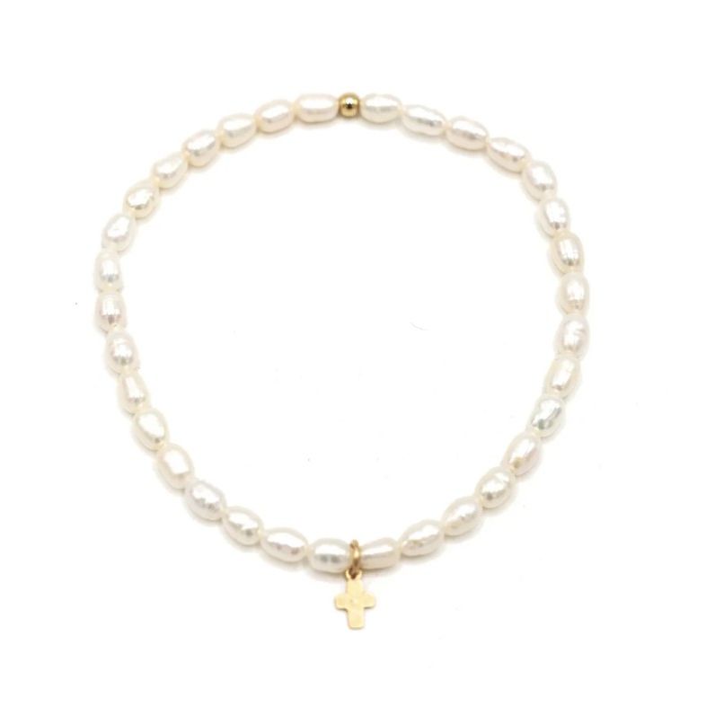 Erin Gray Rice Pearl Waterproof Bracelet with Gold-Filled Luxe Cross