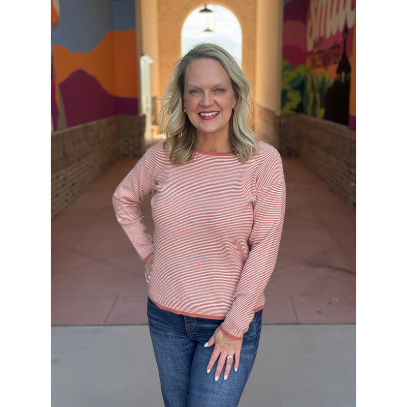 Lillie Waffle Textured Pinstripe Long Sleeve Sweater - Terracotta