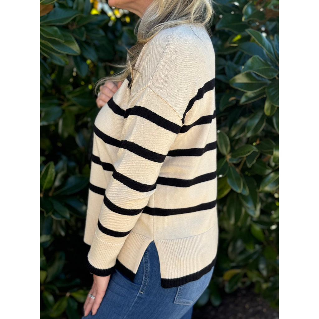 Phoenix Striped Crew Neck Long Sleeve Sweater - Almond/Black