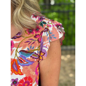 Liverpool Flutter Sleeve Button Front Woven Top - Floral Paradise Multi