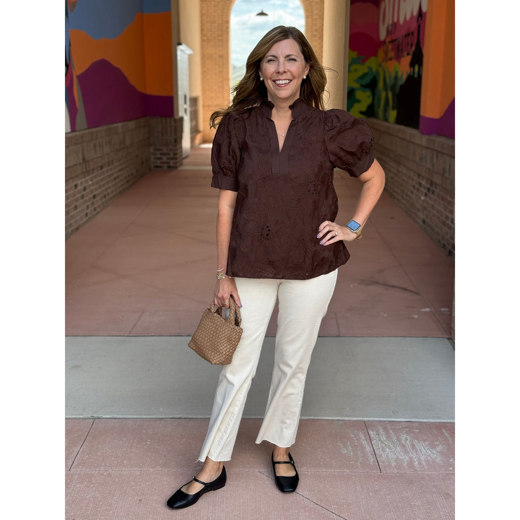 Marianne Embroidered Puff Sleeve Top - Brown