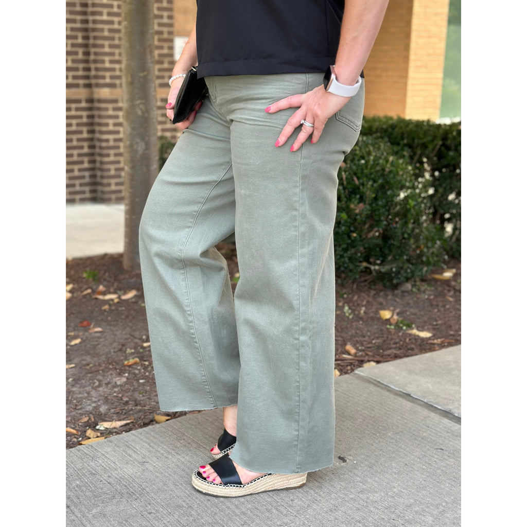 Jan Stretch High Waisted Twill Pants - Ash Olive