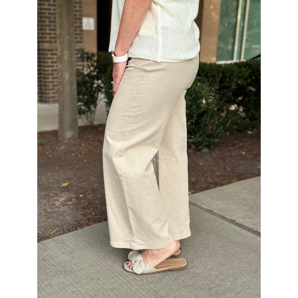 Suni High-Waisted Wide Leg Pants with Front Pockets - Stone