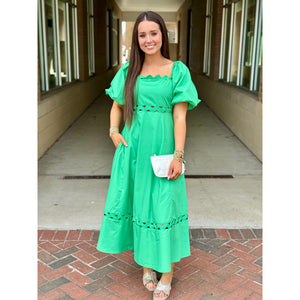 Ashlyn Puff Sleeve Ric Rac Midi Dress - Green