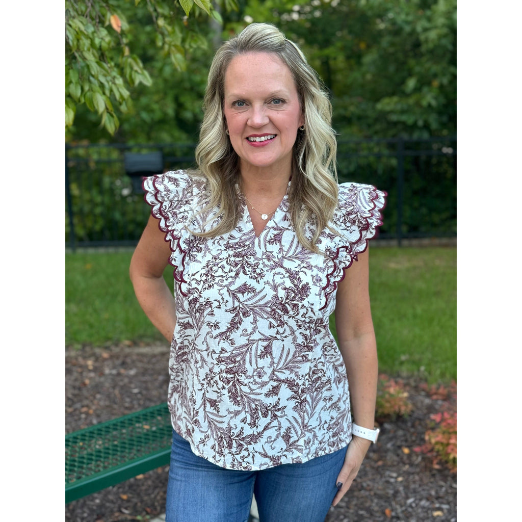 Reese Floral Print V-Neck Scalloped Sleeve Top - Burgundy