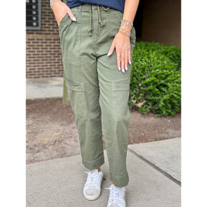 Democracy "Ab"solution Skyrise Relaxed Straight Leg Utility Pants Waist Tie - Forest Moss