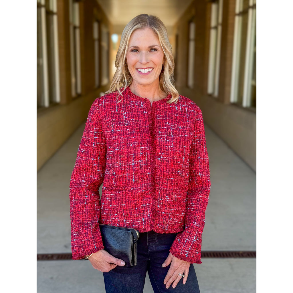 Liverpool Los Angeles Collarless Jacket with Frayed Edges - Red Multi Boucie