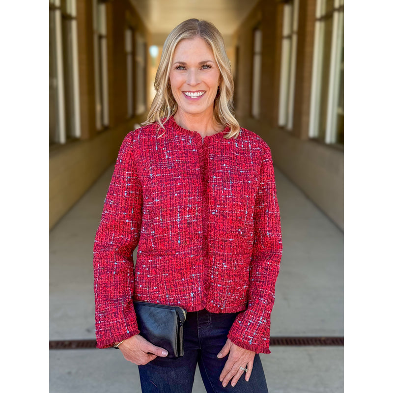Liverpool Los Angeles Collarless Jacket with Frayed Edges - Red Multi Boucie