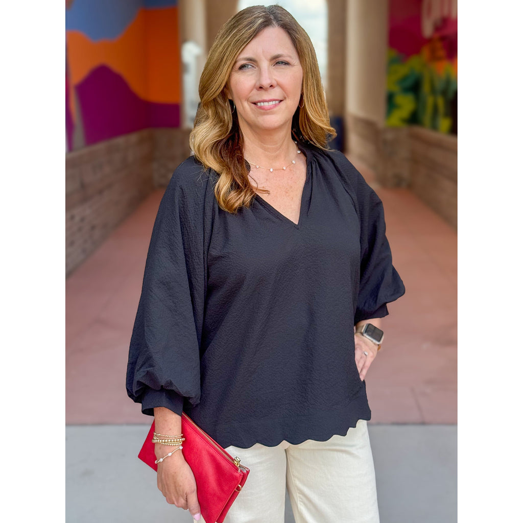 Gina Split V-Neck Textured Top - Black