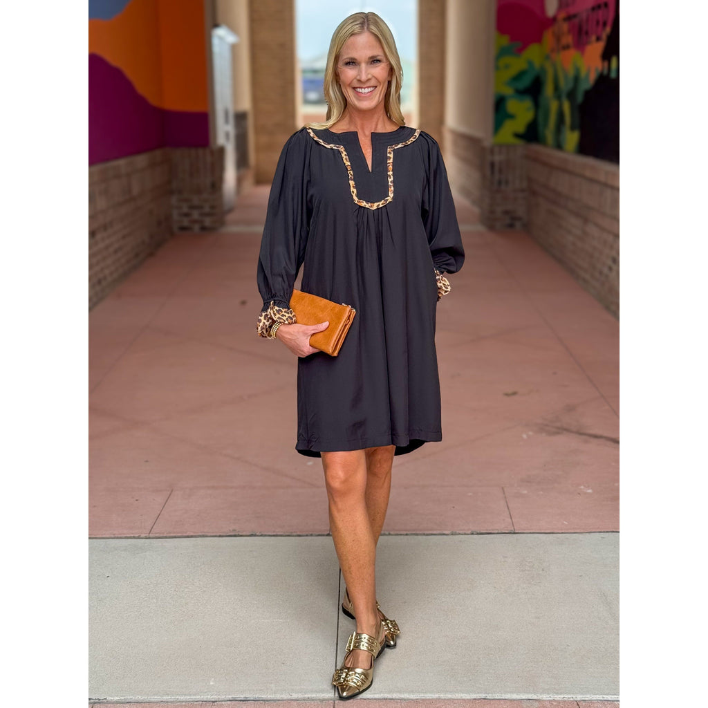 Leighton V-Neck Balloon Sleeve Dress with Leopard Detail - Black