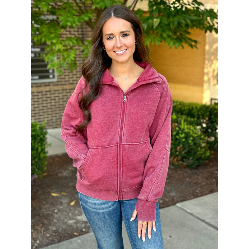 Grace and Lace Vintage Washed Zip Up Sweatshirt - Washed Red