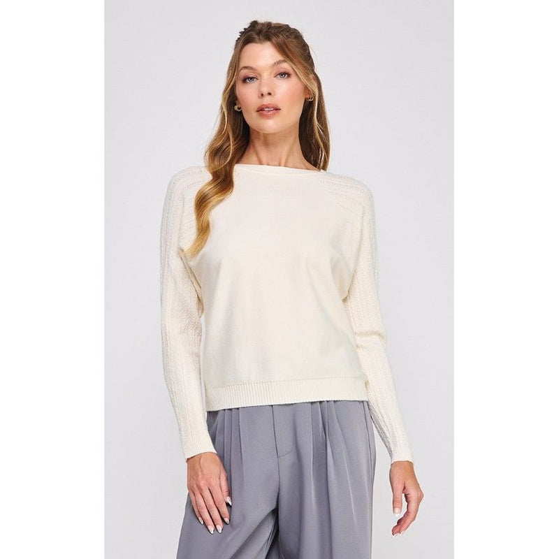 Delia Fine Gauge Sweater with Braided Pointelle Sleeves - French Vanilla