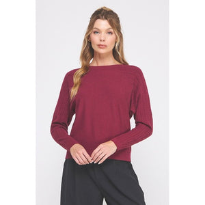 Delia Fine Gauge Sweater with Braided Pointelle Sleeves - Rosewood