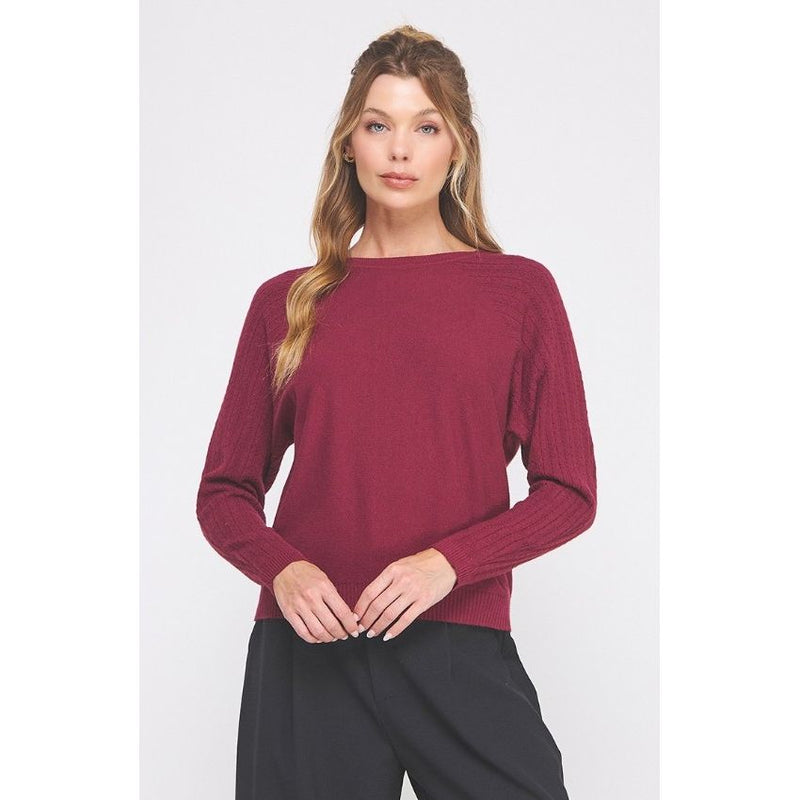 Delia Fine Gauge Sweater with Braided Pointelle Sleeves - Rosewood