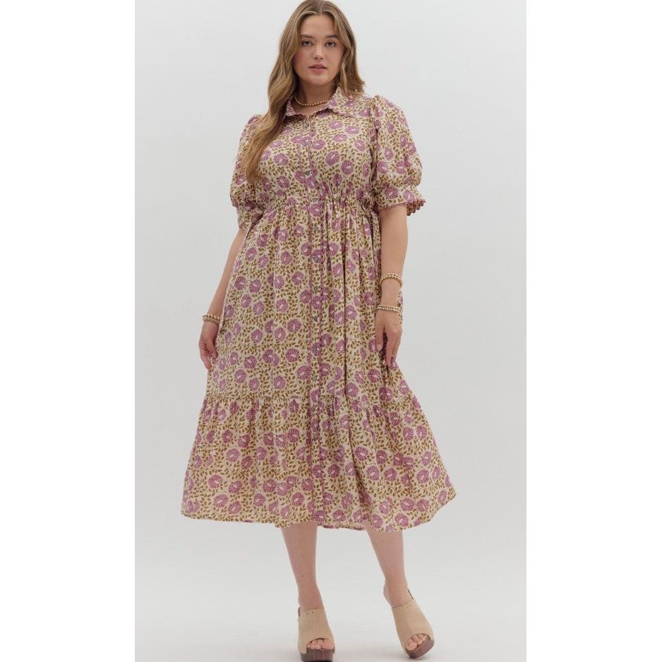 Rachael Plus Floral Print Button Front Midi Dress - Purple