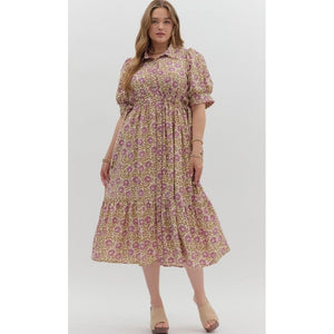 Rachael Plus Floral Print Button Front Midi Dress - Purple