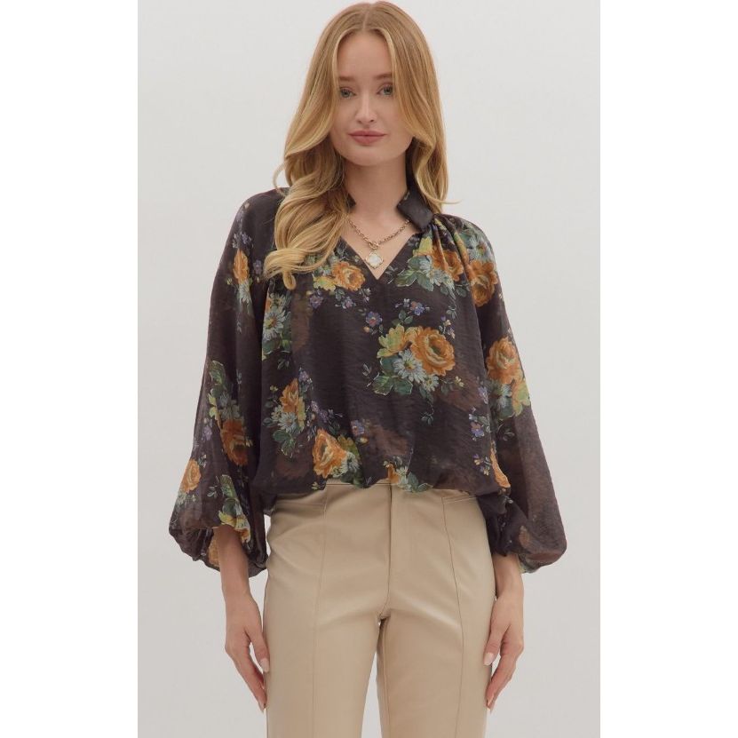 Bianca Floral Print Balloon Sleeve Blouse - Chocolate