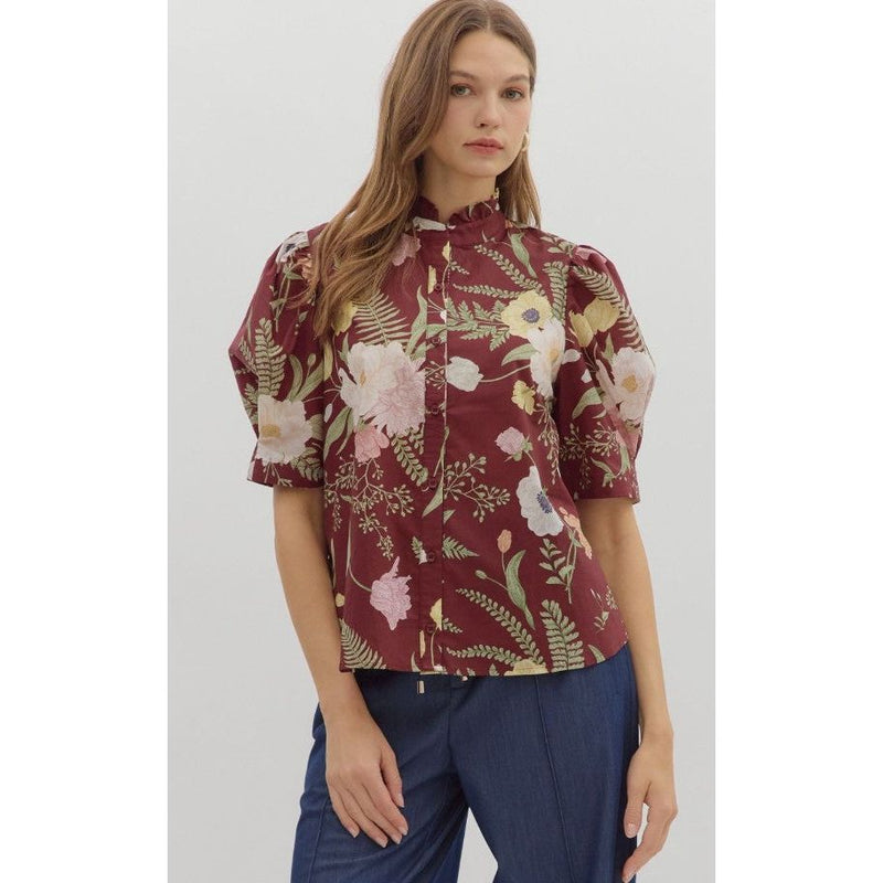 Leslie Ruffled Neck Button Front Blouse - Merlot