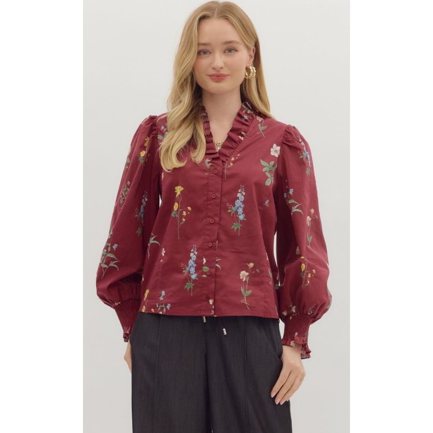 Donna Floral Print Long Smocked Sleeve Blouse - Burgundy