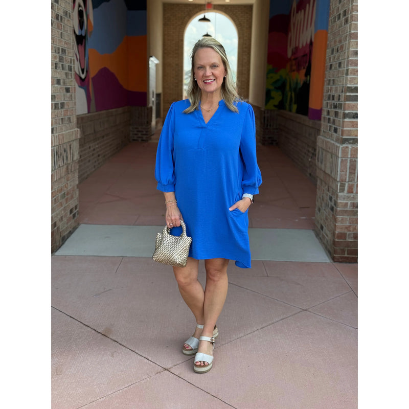 Jillian Split Neck Puff Sleeve Dress - Cobalt Blue