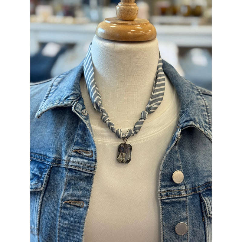 Kendall Scarf Necklace - Grey Stripe with Crystal Pendant