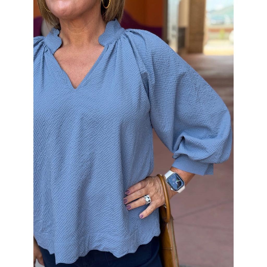 Gina Split V-Neck Textured Top - Steel Blue